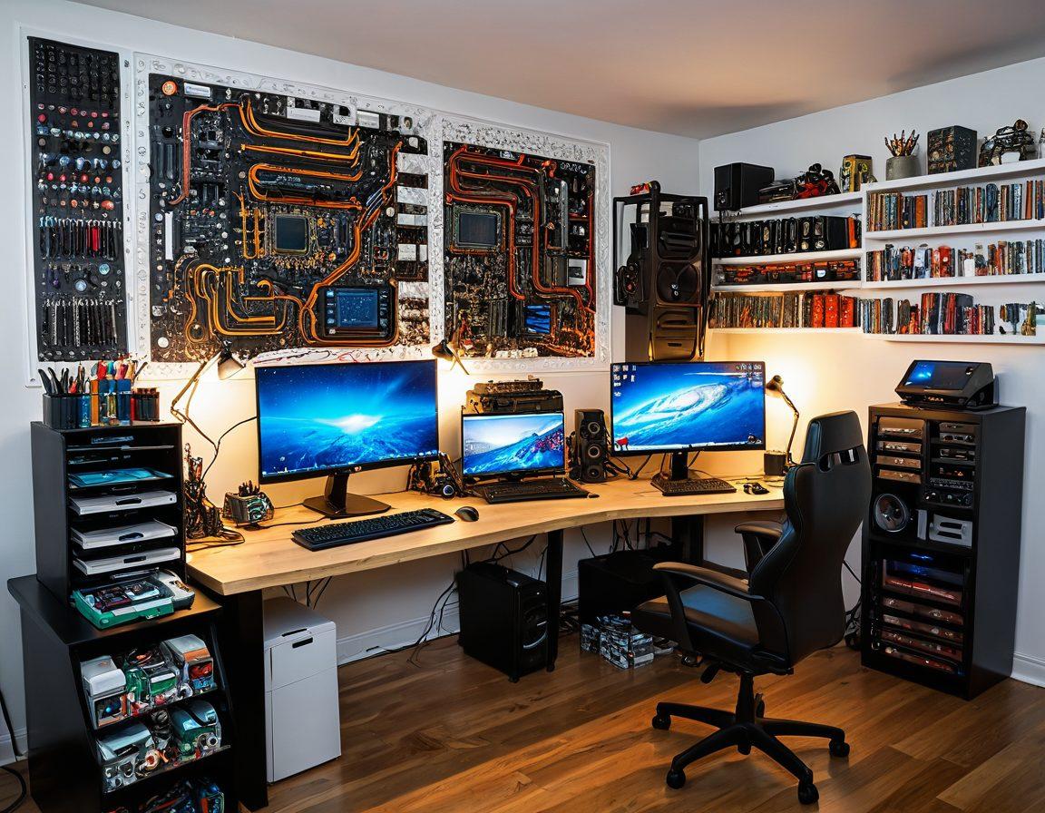 A visually striking workspace filled with various modding tools, including intricate circuit boards, colorful paint bottles, and gaming peripherals. Incorporate a creative flowchart showing modding ideas and inspirations swirling around the workspace. Add a gaming console in the background with vibrant screens showcasing different game worlds. The overall atmosphere should feel dynamic and inspiring, inviting viewers to explore their own creativity. super-realistic. vibrant colors. white background.