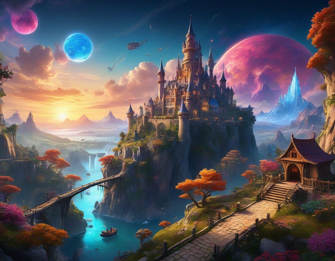 An engaging digital landscape filled with various vibrant user-generated game environments showcasing creativity, including fantastical creatures, unique characters, and imaginative structures. Elements like user interfaces and add-ons are integrated to symbolize gameplay enhancements. A dynamic, colorful palette reflects excitement and innovation in gaming. Illustrate an interactive feel with glowing effects to signify user engagement. super-realistic. vibrant colors. digital art.