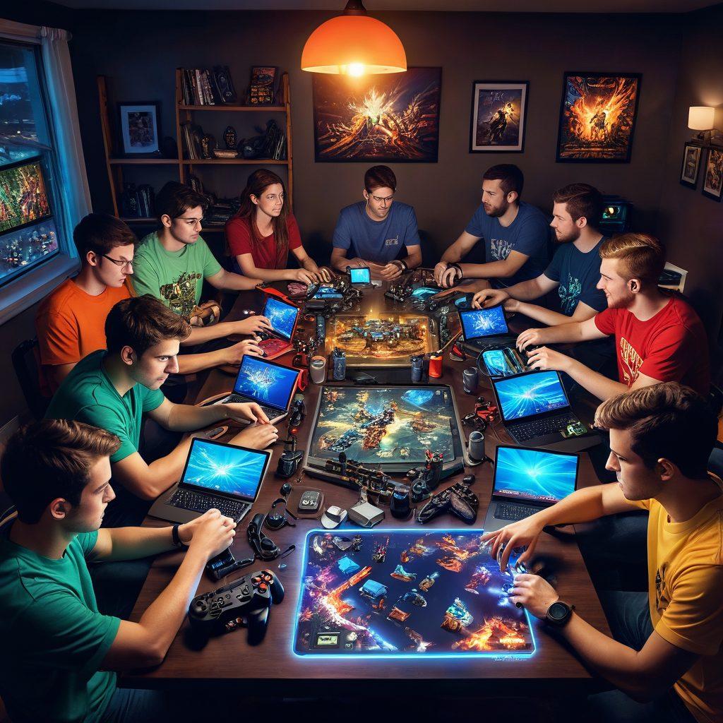 A vibrant community gathering, showcasing diverse gamers sharing their favorite mods and resources at an illuminated table filled with game controllers and screens, surrounded by colorful posters of popular games, with a sense of collaboration and excitement in the air. Capture the essence of creativity and teamwork, like a spark of inspiration. super-realistic. vibrant colors. digital art.